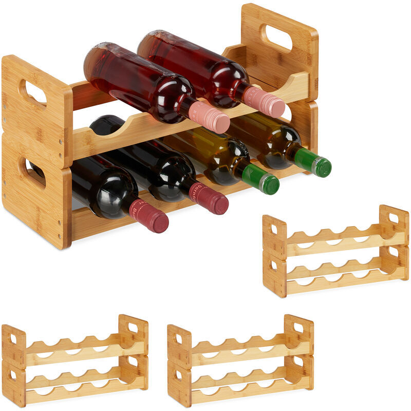 4 x Relaxdays Wine Rack, Compact Wine Storage For 8 Bottles, Bamboo Bottle Shelf, hwd 24 x 47 x 18 cm, Natural Wood