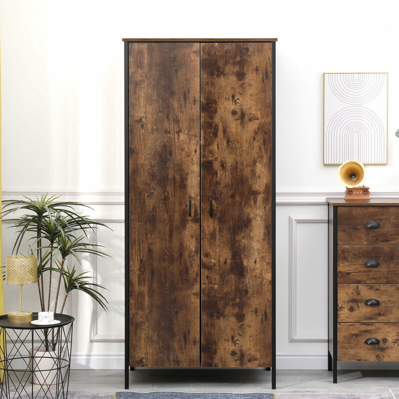 Furniture Hmd - Retro Industrial Style Bedroom Wardrobe with 2 Doors,Storage Unit for Bedroom,Burning Wood Colour,Retro Industrial