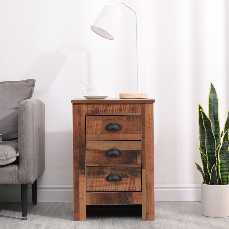 Furniture Hmd - Wooden Bedside Tables with 3 Drawers,Bedroom Furniture - dark wood