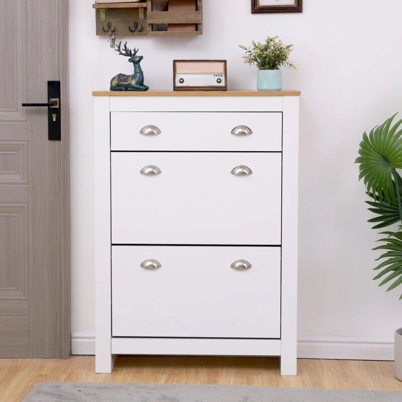 Furniture Hmd - Wooden White+Oak Shoes Storage Cabinet Footwear Stand Cupboard Hallway Unit 1+2 Drawers,78x25x108cm(WxDxH) - White