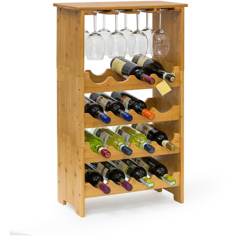 Relaxdays - Bamboo Wine Rack 84 x 50 x 24 cm Wine Holder for 16 Bottles & 12 Glasses with 3 Parts for Wine Glasses and Shelves for Stacking Bottles,