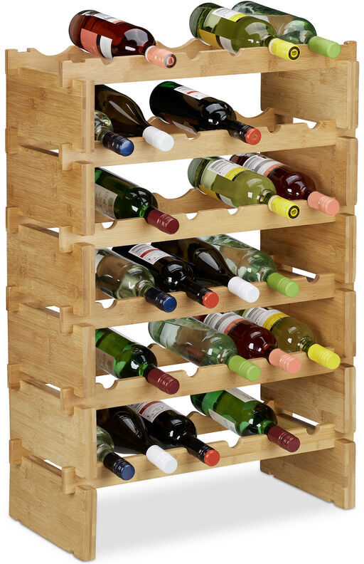 Stackable Wine Rack, Bamboo Holder for 36 Wine Bottles, Extendable, 6-Tier, Natural - Relaxdays