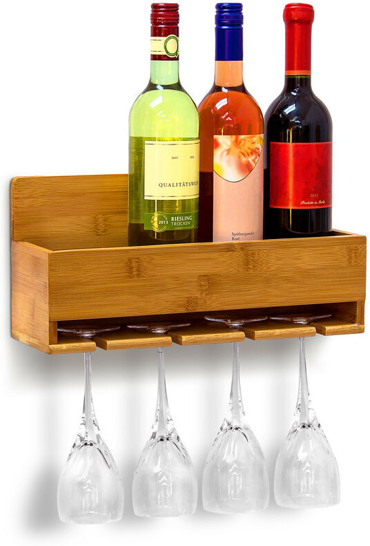 Relaxdays - Wine Shelf With Glass Holder: 17 x 37 x 11.5 cm Bottle Stand Bamboo With Space For 4 Bottles & 4 Glasses Wall-Mounted Hanging Wooden