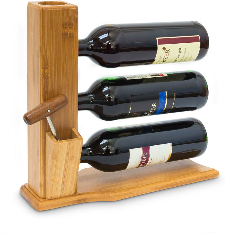 RELAXDAYS Wine Stand For 3 Bottles: 32 x 12 x 34 cm Wine Shelf Free-Standing Bamboo Bottle Rack With Cork And Bottle Opener Holder Wine Stand, natural