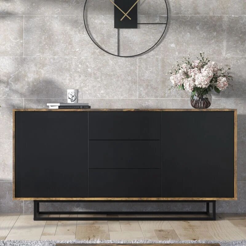 OLIVIA FURNITURE Sideboard 140cm Industrial Retro Vintage Black Doors Contemporary tv Unit