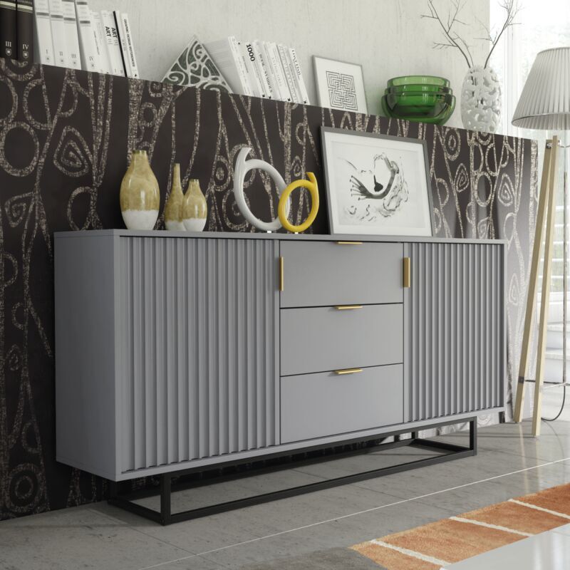Olivia Furniture - Sideboard 140cm Loft Retro Milled Fronts tv Unit - Dark Grey