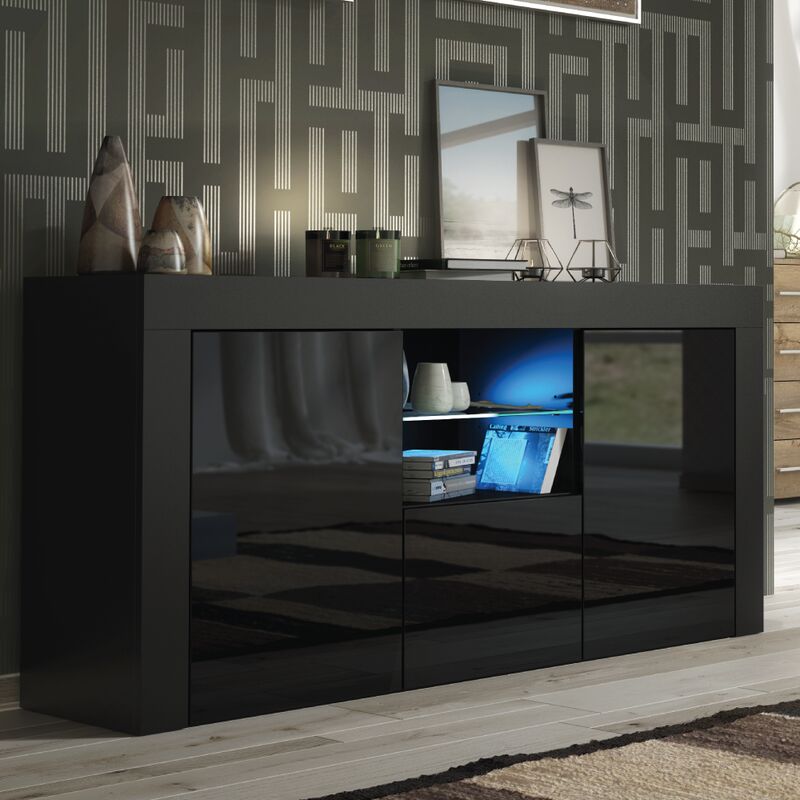 CREATIVE FURNITURE Tv Unit 145cm Sideboard Cabinet Cupboard tv Stand Living Room High Gloss Doors - Black - Black