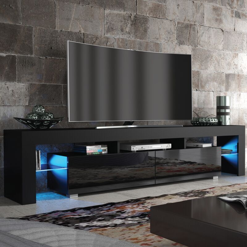 CREATIVE FURNITURE Tv Unit 200cm Sideboard Cabinet Cupboard tv Stand Living Room High Gloss Doors - Black - Black