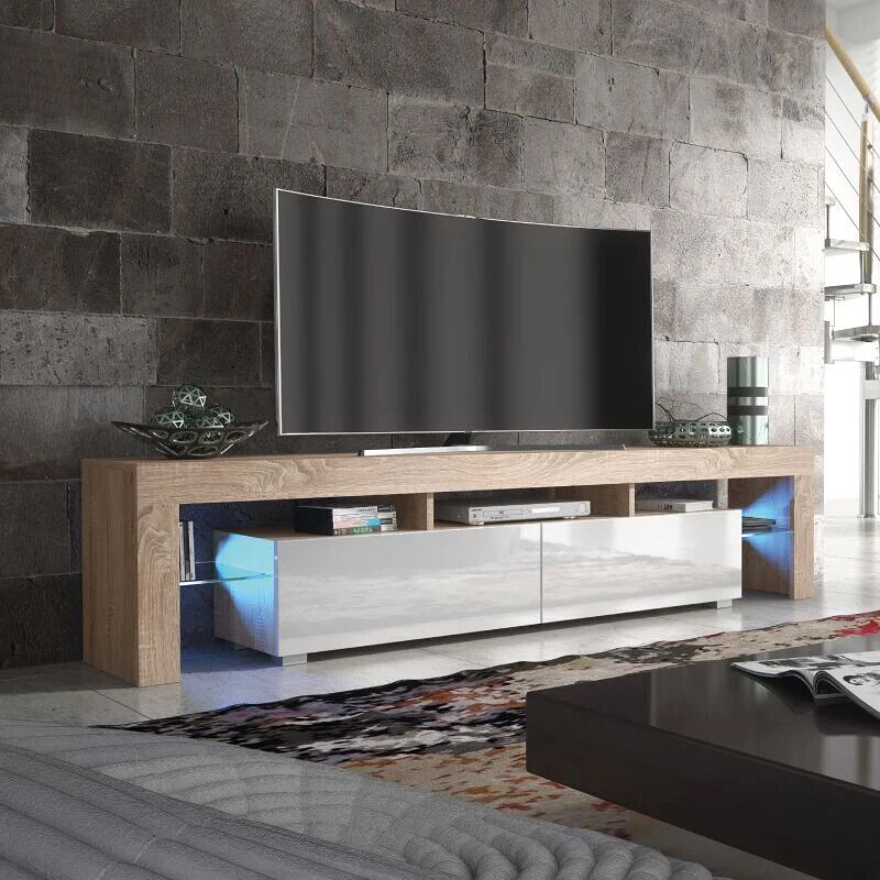 CREATIVE FURNITURE Tv Unit 200cm Sideboard Cabinet Cupboard tv Stand Living Room High Gloss Doors - Oak & White - Oak & White