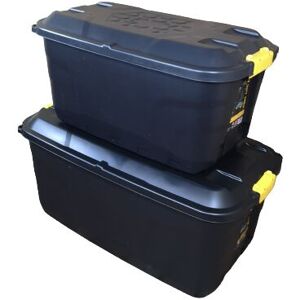 Samuel Alexander - 1 x 145L and 1 x 75L Heavy Duty Trunks on Wheels Sturdy, Lockable, Stackable and Nestable Design Storage Chest with Clips in Black