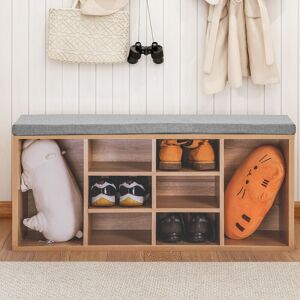 QHJ 14-Grids Wooden Shoe Rack Bench Storage Cabinet Hallway Cupboard Organizer with Seat Cushion