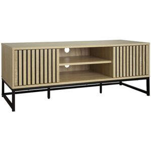SWEEEK Tv unit with grooved wood decor and black metal base, press-to-open system - Natural