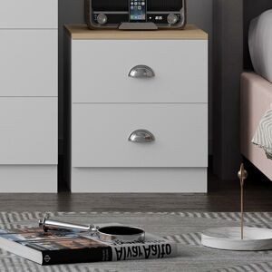 Fwstyle - 2 Drawer Bedside Cabinet Matt White Oak Bedroom Furniture Metal Cup Handles - White