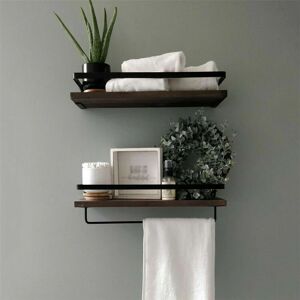 Unho - 2 Large Rustic Floating Wall Shelf Bathroom Utility Decorative Rack with Towel Rod