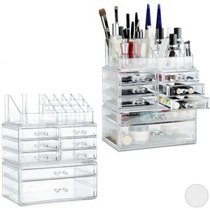 Set of 2 Relaxdays Makeup Organizers with Drawers, Stacking Makeup and Jewellery Box, Acrylic Cosmetic Kit, Clear