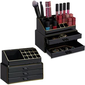 Small Makeup Organizer, 2x Set, 2-Piece Cosmetics Storage with Drawers, Stackable Makeup Shelf, Black/Gold - Relaxdays