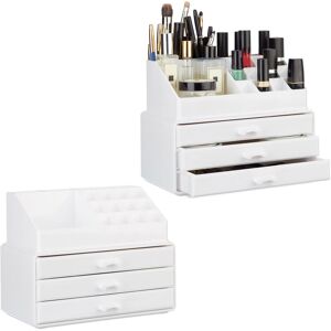 2x Make-up Organiser, Cosmetics Storage with Drawers, Stackable Makeup Shelf, hwd: 19 x 23.5 x 14 cm, White - Relaxdays