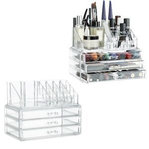 2x Make-up Organiser, Storage, 4 Drawers, Holder for Nail Polish and Lipstick, 19 x 23.5 x 14 cm, Transparent - Relaxdays