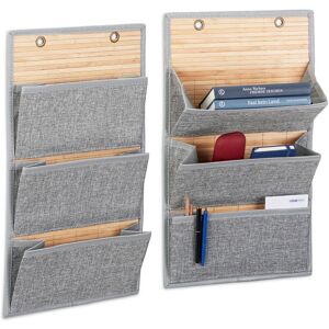 Set of 2 Relaxdays Bamboo Hanging Organiser with Jute Pattern, 3 Shelves, Newspaper Holder, Grey