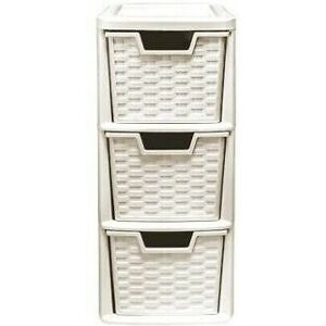 Viss - 3 Drawer Rattan Style Plastic Small Cream Tower Storage Unit for School Home