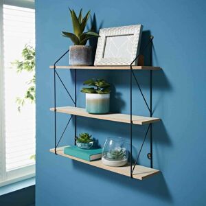 Dylex - 3 Tier Wall Mounted Shelf Black Metal Frame Wooden Shelves Storage Home Decor