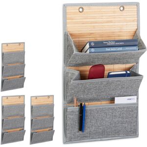 Set of 4 Relaxdays Bamboo Hanging Organiser with Jute Pattern, 3 Shelves, Newspaper Holder, Grey