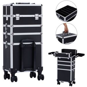 AREBOS 4 in 1 Cosmetic Case 4 Compartments & 1 Drawer Telescopic and Carrying Handle 8 Locks 4X 360° Wheels Velvet Lining Trolley Make-Up Case - black