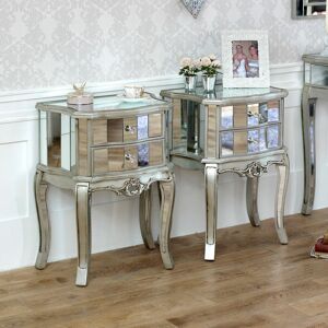 Melody Maison - Pair of Mirrored 2 Drawer Bedside Tables - Tiffany Range - Silver