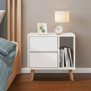 Clipop - Bedside Table, Retro Cabinet Storage Unit, Open Side Storage, Nightstands with 2 Drawers, White