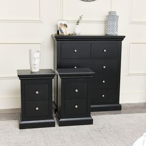 MELODY MAISON Black 5 Drawer Chest of Drawers & Pair of 2 Drawer Bedside Tables - Slimline Haxey Black Range - Black