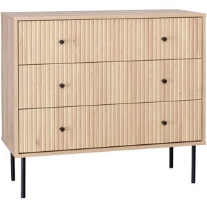 SWEEEK Contemporary chest of drawers, grooved wood decor, 3 drawers, black metal handles - Natural