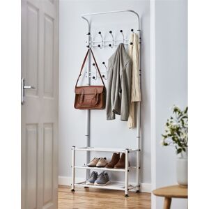 HOUSE OF HOME Clothes Stand Hallway Multi Purpose 18 Hooks Jackets Hats Bags 2 Shelves For Shoes White - Black