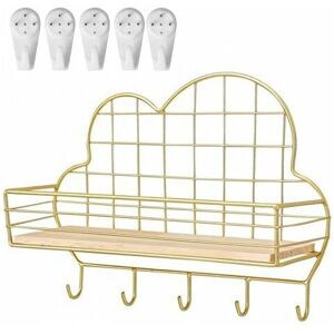 HÉLOISE Cloud Shaped Metal Key Holder with Wooden Board and 5 Hooks - Metal Storage Basket for Entryway Hallway - Gold