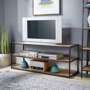 OAKMERE Compact TV Unit Media Stand Open Storage Shelves Modern Oak Finish Black Frame - Oak