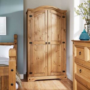 Waxed Pine 2 Door Wardrobe with Hanging Rail - Pine - Corona