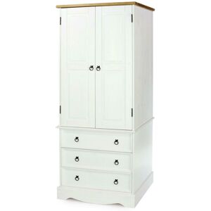 Solid Pine 2 Door Wardrobe Storage Unit Hanging Bar Clothes Mexican - White - Corona White