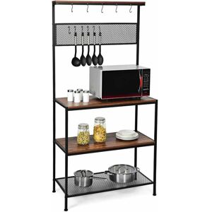 COSTWAY Kitchen Baker's Rack, Microwave Oven Stand Organizer with Hooks, Cabinet and Lockable Wheels, Free Standing Utility Storage Shelf for Dining Living