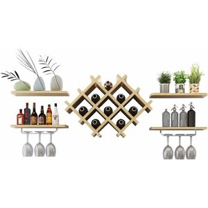Costway - Wall Mounted Wine Rack with Floating Shelves, Champagne Glass Bottle Holder Bar Accessories Organiser Unit, Home Kitchen Dining Room Wine