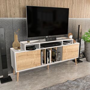 DECOROTIKA Char 160 Cm tv Unit tv Stand With Two Cabinets tv Cabinet With Solid Wood Legs tv Console With Open Shelves Up To 71 TV'S-White And Sapphire Oak