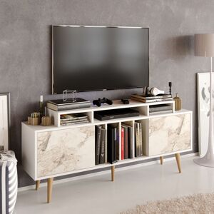 DECOROTIKA Char 160 Cm tv Unit tv Stand With Two Cabinets tv Cabinet With Solid Wood Legs tv Console With Open Shelves Up To 71 TV'S-White And White Marble