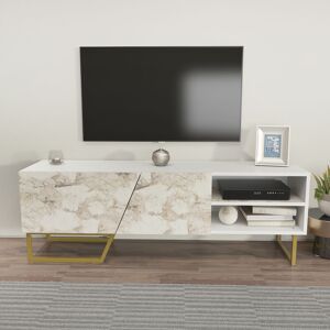 Denasse tv Stand for TVs up to 60 inches White-White Marble Effect and Gold Colour - White and White Marble Effect and Gold - Decorotika