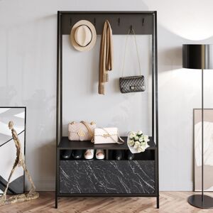 Decorotika - Devin Hat And Coat Stand Hallway Shoe Rack And Bench With Storage Organiser With Metal HooksMetal Frame-Black Marble Pattern and Black