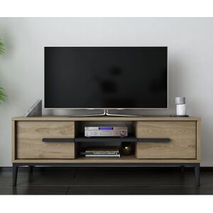 Eslem tv Stand tv Unit with Two Drop-Down Cabinets Oud Oak Black - Oud Oak and Black - Decorotika