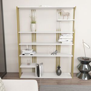 Decorotika Jeni 7-tier Bookcase Bookshelf Shelving Unit White and Gold Colour - White and Gold