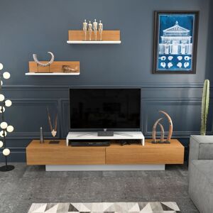 Decorotika Lusi 180 Cm Wide Modern TV Unit With Shelves TV Cabinet With Two DoorsTV Stand With Two Cabinets- Lowboard Up To 81 TVs -White And Teak