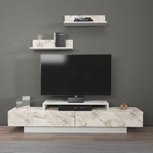 DECOROTIKA Lusi 180 Cm Wide Modern tv Unit With Shelves tv Cabinet With Two DoorsTV Stand With Two Cabinets- Lowboard Up To 81 TVs - White Marble Effect And