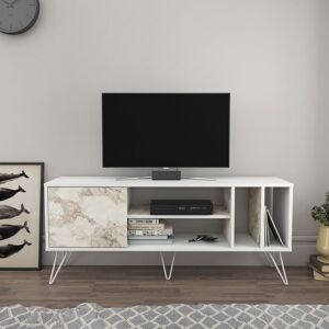 DECOROTIKA Mistico 140 Cm Wide Modern Metal tv Stand tv Console tv Unit Media Centre Media Console With Open Shelves And Cabinet - White And White Marble Effect