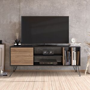 DECOROTIKA Mistico 140 Cm Wide Modern Metal tv Stand tv Console tv Unit Media Centre Media Console With Open Shelves And Cabinet - Black & Walnut - Black and