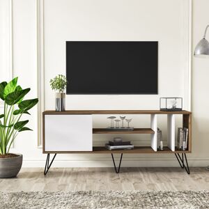 DECOROTIKA Mistico 140 Cm Wide Modern Metal tv Stand tv Console tv Unit Media Centre Media Console With Open Shelves And Cabinet - Walnut And White - Walnut