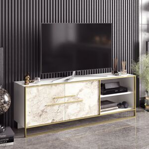 DECOROTIKA Polka 160 Cm Wide tv Stand tv Unit With Two Doors tv Console With Metal Frame tv Cabinet With Open Shelves And Two Cabinets - White Marble Pattern